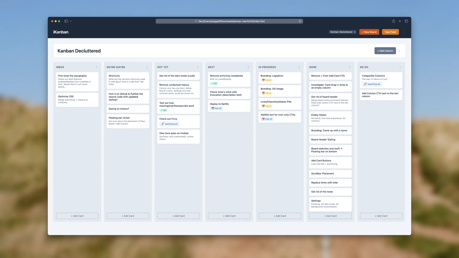 The board before, as iKanban: a dark title bar, boxed columns and small cards