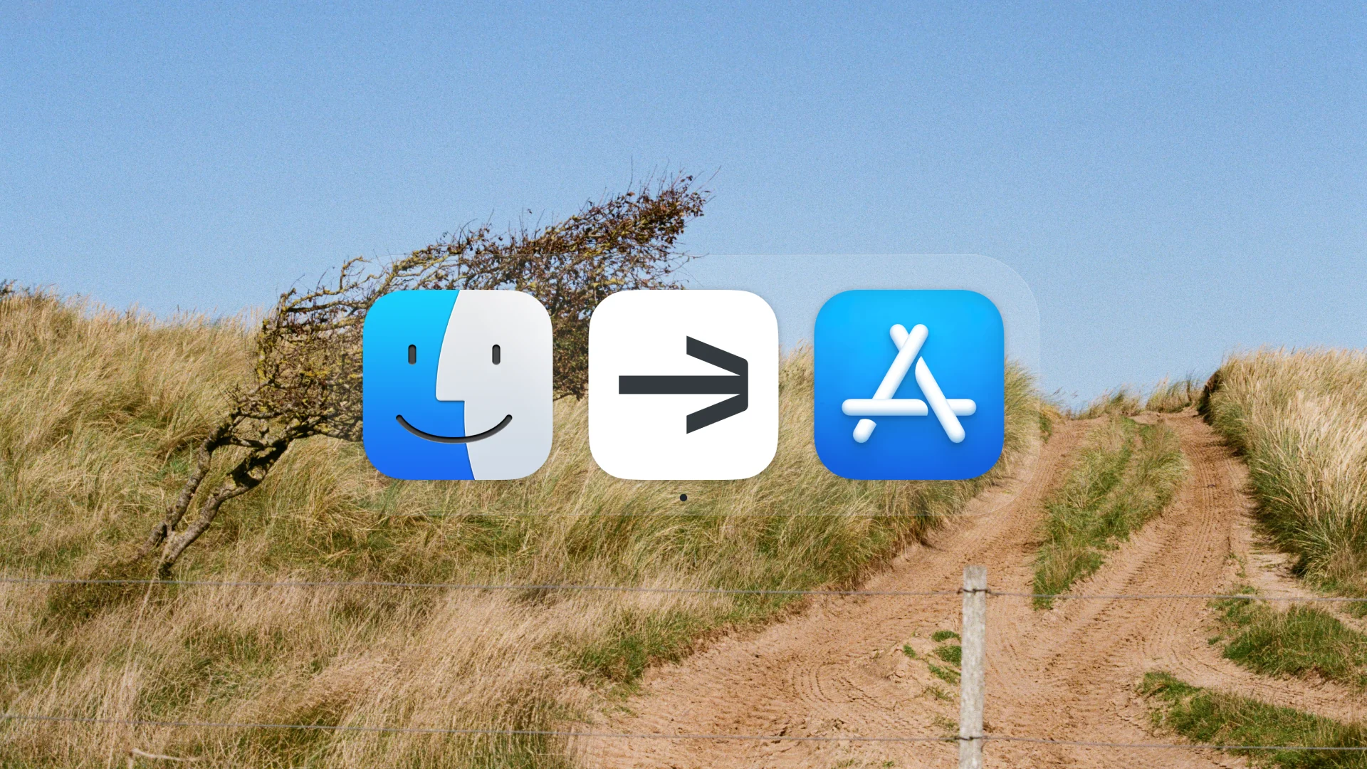 Kōro's icon, a single arrow on white, in the macOS Dock between Finder and the App Store