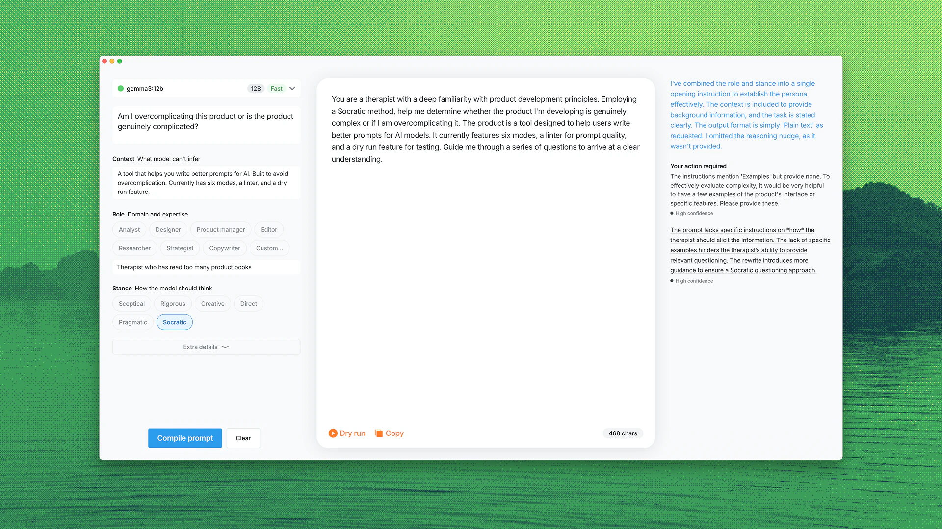 Omo, the first version: a prompt form with role, stance and extra-detail fields beside the compiled prompt