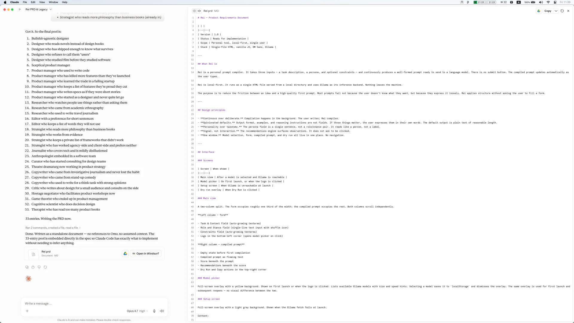 A conversation with Claude drafting the persona list, next to the PRD open in a text editor
