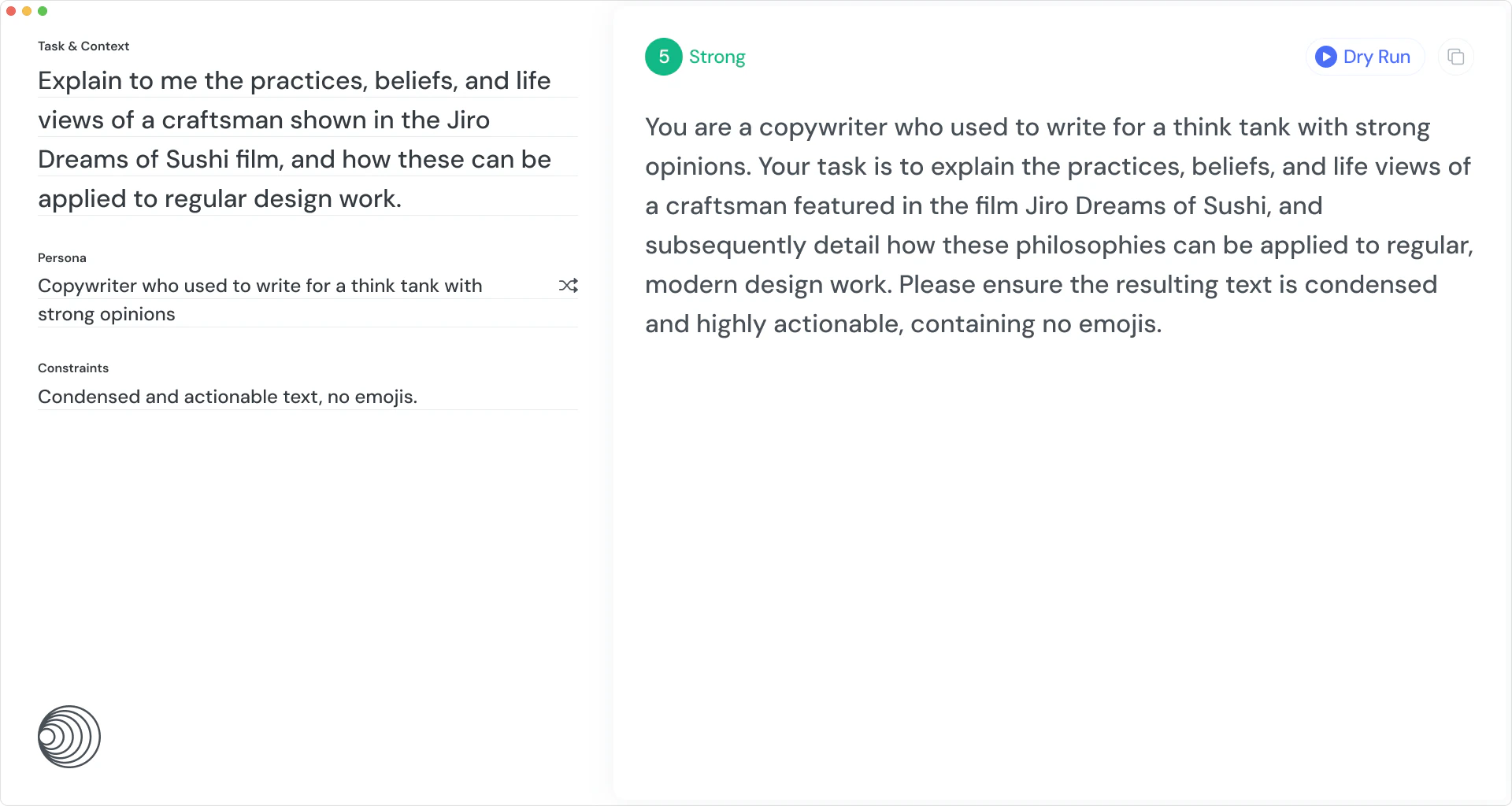 Rei's three fields, task and context, persona and constraints, beside the compiled prompt
