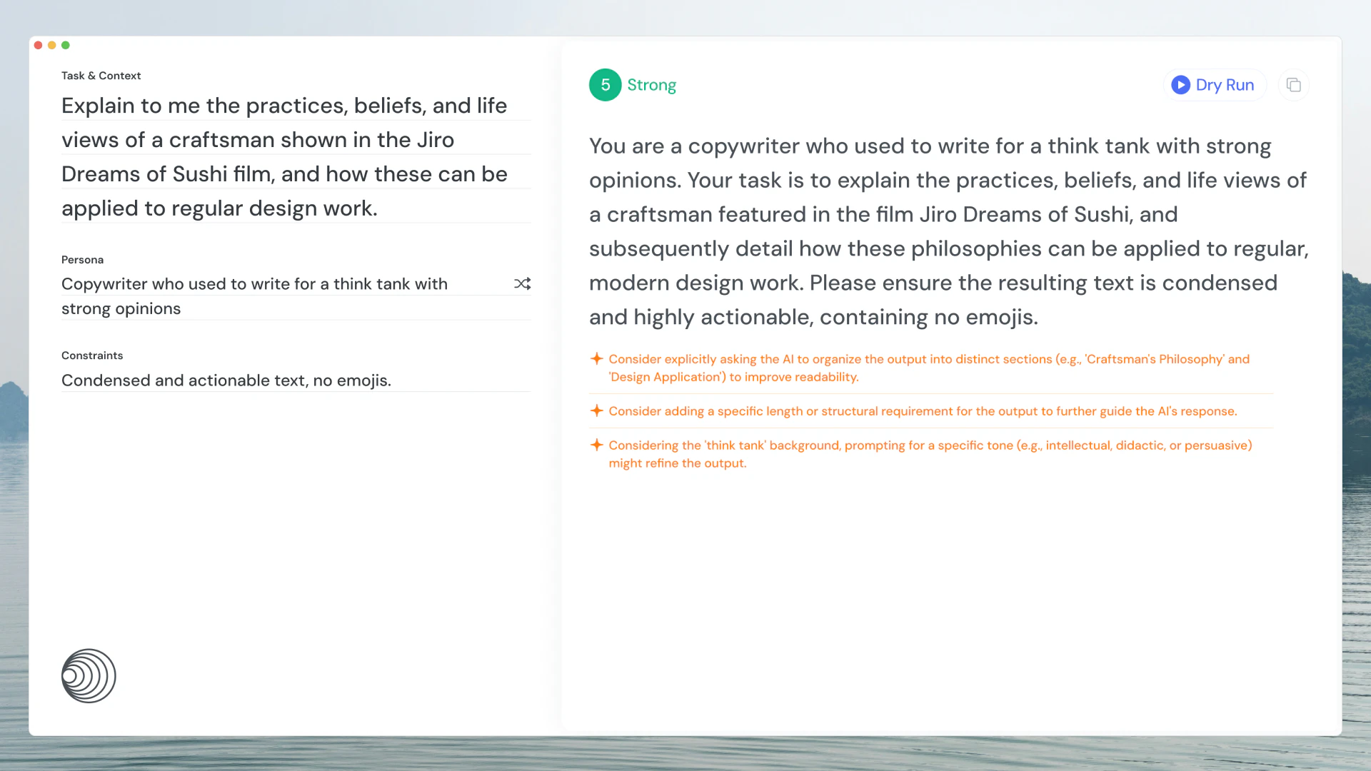 Rei with a prompt built from three fields, task and context, persona and constraints, compiled on the right with a Strong score and three suggestions