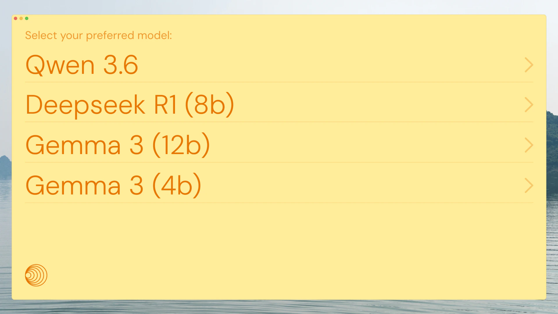 Rei's model picker listing local models: Qwen 3.6, DeepSeek R1 (8b), Gemma 3 (12b) and Gemma 3 (4b)